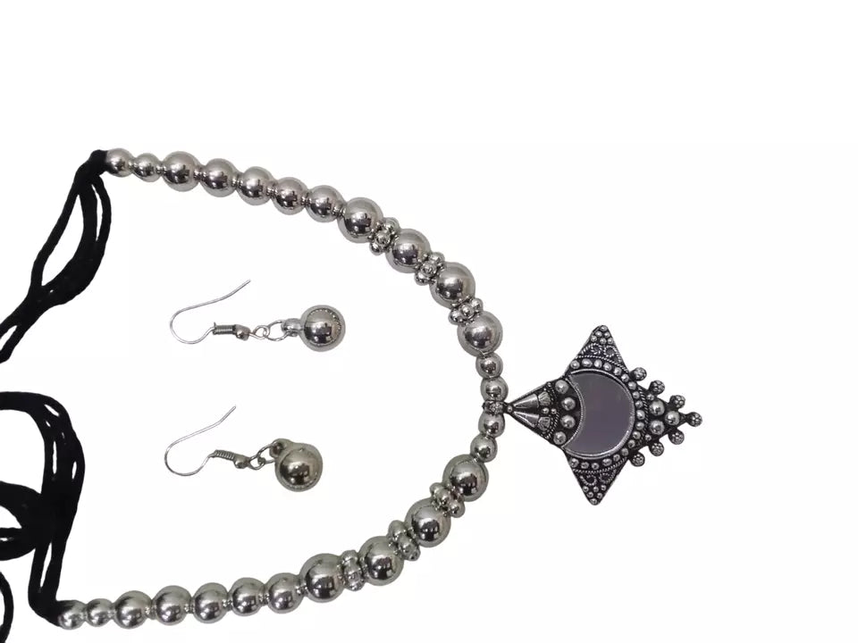 Women Silver Oxidised Necklace With Earrings Pendant Clip On Nose Pin Combo Set By Kalra Creations