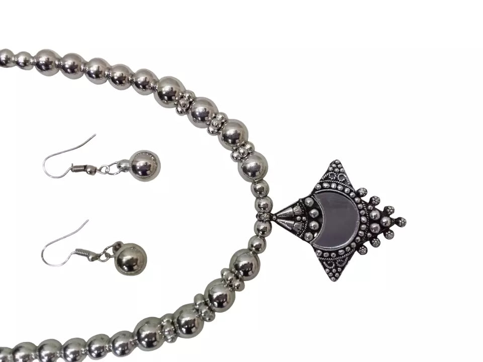 Women Silver Oxidised Necklace With Earrings Pendant Clip On Nose Pin Combo Set By Kalra Creations