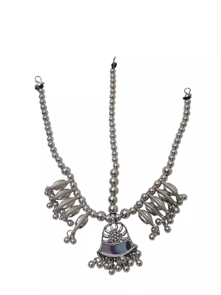 Women Silver Oxidised Necklace With Earrings Pendant Clip On Nose Pin Combo Set By Kalra Creations