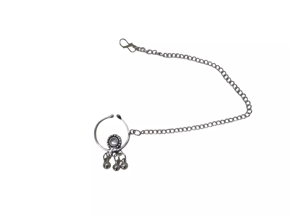 Women Silver Oxidised Necklace With Earrings Pendant Clip On Nose Pin Combo Set By Kalra Creations
