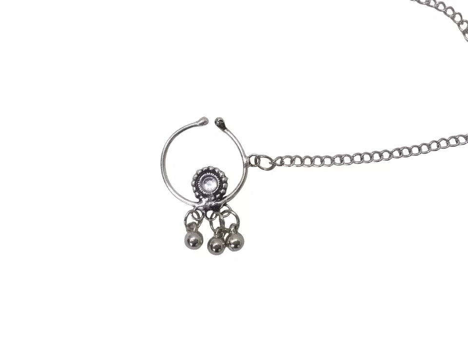 Women Silver Oxidised Necklace With Earrings Pendant Clip On Nose Pin Combo Set By Kalra Creations