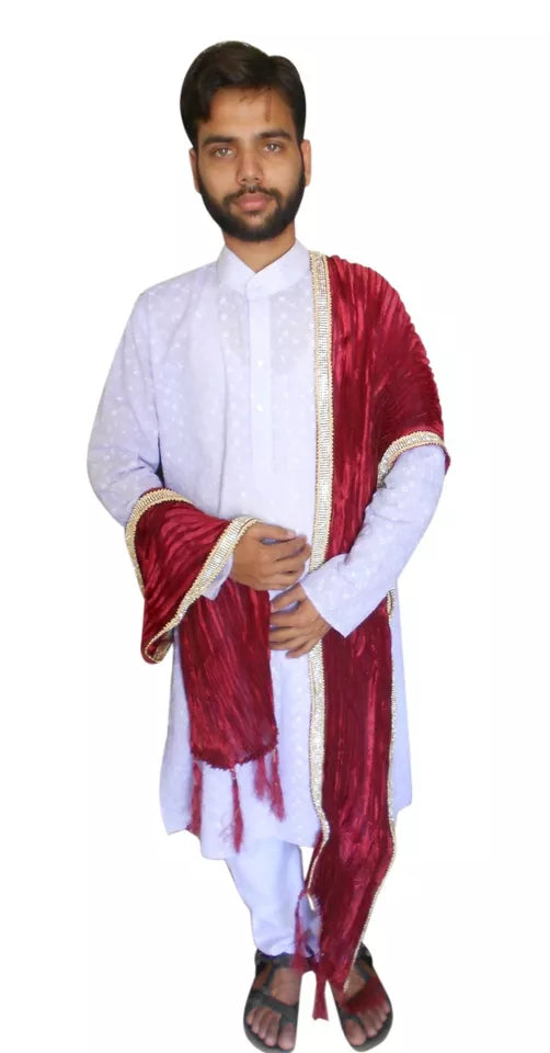 Men Stole Indian Handmade Silk Wedding Dupatta Maroon Groom Chunni By Kalra Creations