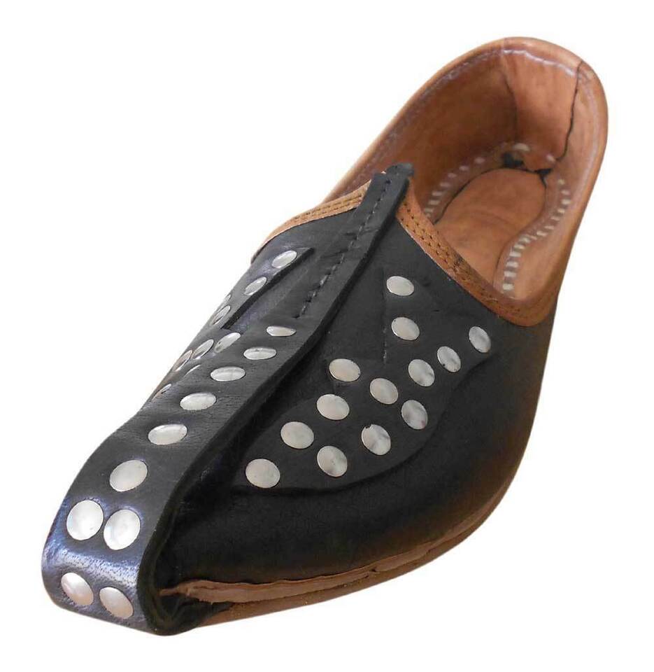 Men Shoes Traditional Leather Mojaries Black Jutties Handmade Khussa Flip-Flops Flat US 8/9