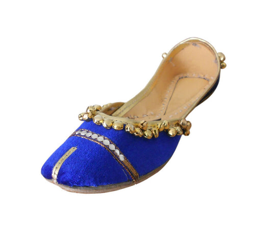 Women Shoes Indian Mojaries Traditional Handmade Blue Jutties Velvet Flip-Flops Flat US 5.5-7.5