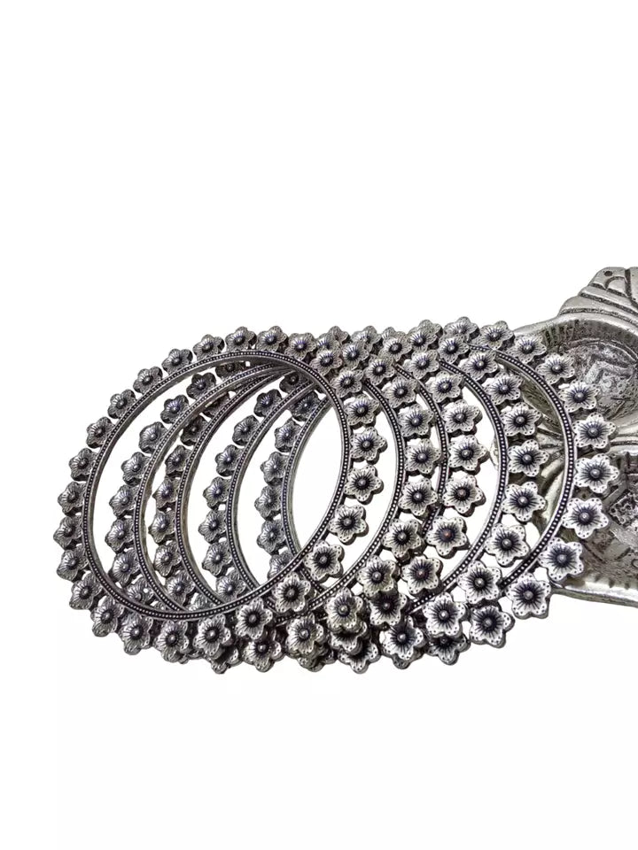 Women Brass Silver Oxidised Bracelet Bangles Brass Rajasthani 5 Pcs Size 2.6 By Kalra Creations