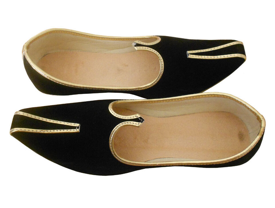 Men Shoes Traditional Indian Mojaries Wedding Groom Khussa Black Jutties Flip-Flops Flat US 6-8