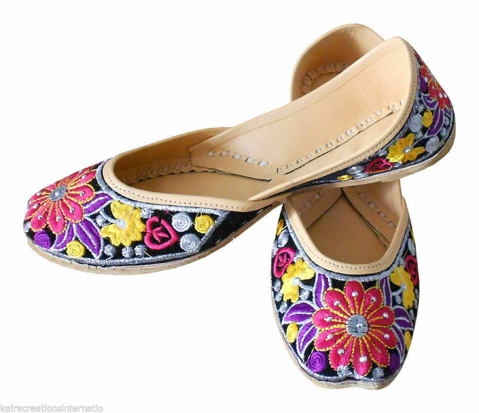 By Kalra Creations Women Shoes Handmade Indian Khussa Leather Jutties Multicolor Mojaries Flip-Flops Flat US 5-9.5