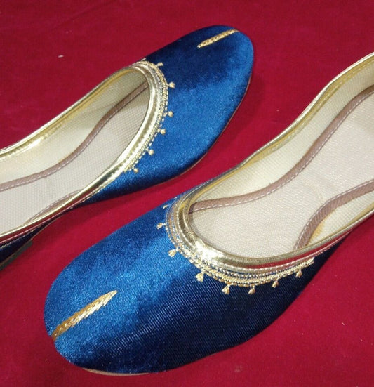 Women Shoes Indian Jutties Handmade Velvet Leather Casual Mojaries Sky Blue Flip-Flops Flat US 6-10