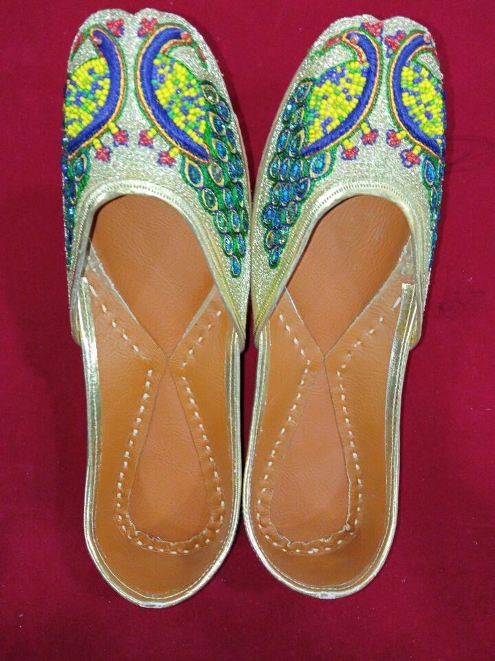 Women Shoes Indian Traditional Mojaries Handmade Khussa Leather Jutties Flip-Flops Flat US 8