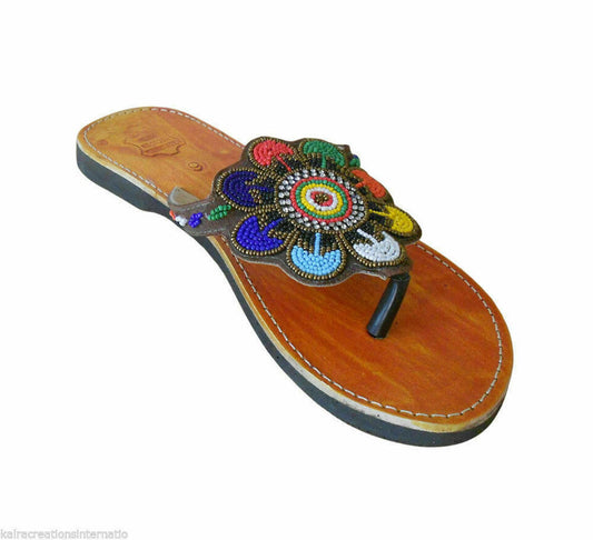 By Kalra Creations Women Slippers Traditional Beaded Leather Mojaries Slip-Ons Indian Jutties Flip-Flops Flat US 8/10