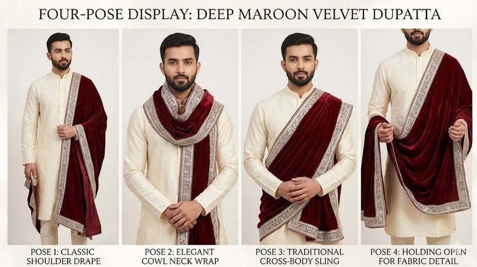 Groom Sherwani Maroon Golden Velvet Wedding Stole