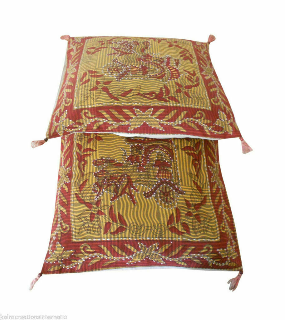 By Kalra Creations Cushion Covers 2 Pcs Indian Handmade Multicolor Sofa Pillow Covers Decor Art 16"