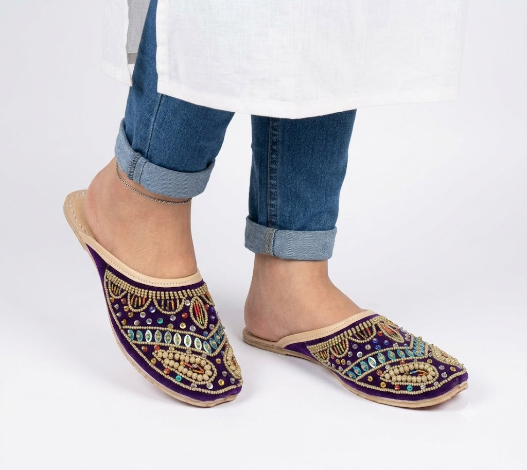 Handmade Bridal Purple Slippers Ethnic Flats Clogs