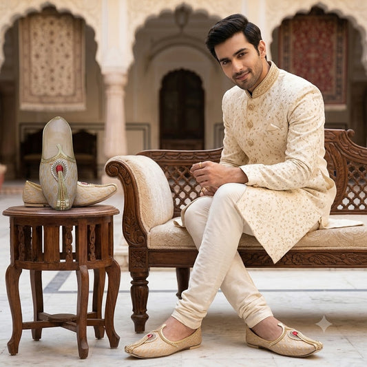 Indian Handmade Groom Mojari Shoes Cream Wedding Jutti
