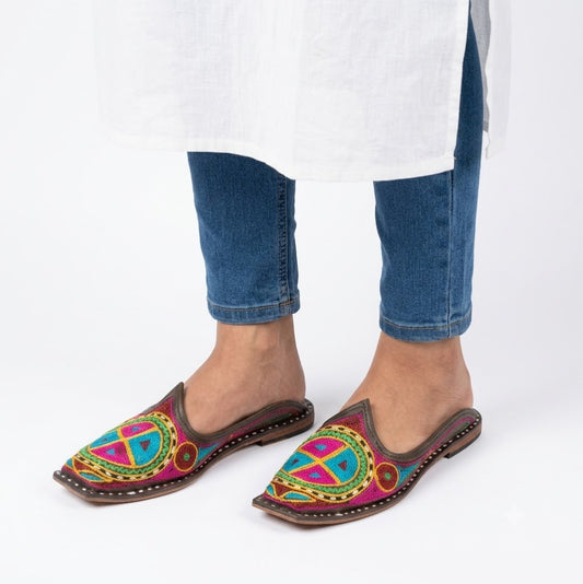 Traditional Indian Clogs for Women Multi-Color Embroidery