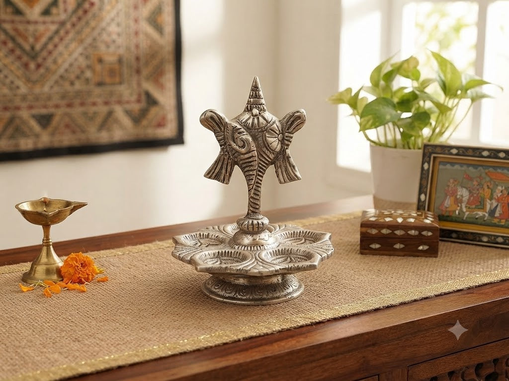 Panch Mukhi Diya with Chakar Stand Silver Plated Metal Designer Shankh Chakra