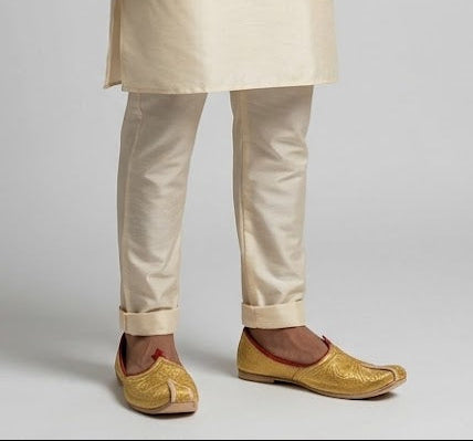 Handmade Leather Jutti Cream Golden Shoes for Men Khussa Mojari