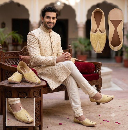 Men Shoes Handmade Wedding Jutties Cream Golden Flip-Flops Mojaries