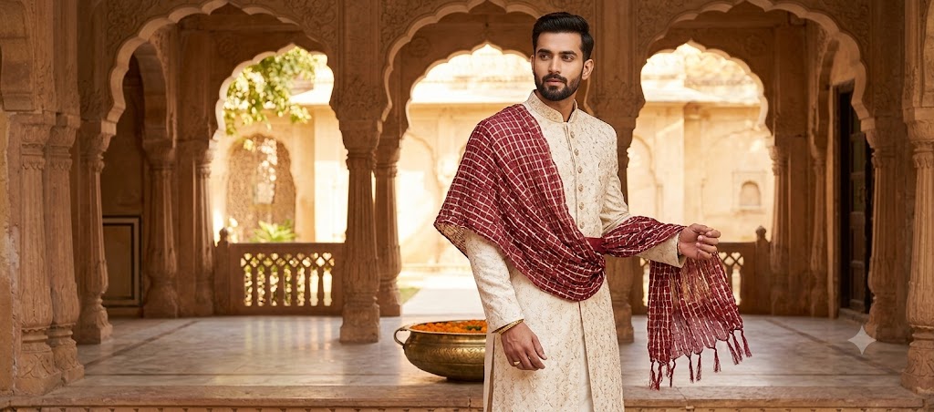Groom Sherwani Dupatta Maroon Silk Wedding Stole
