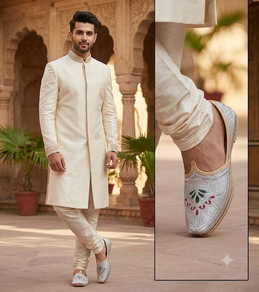 Handmade Leather Mojari Shoes for Men Cream Khussa Jutti