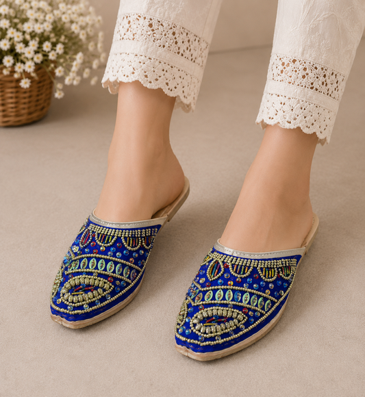 Handmade Bridal Blue Clogs Ethnic Flats Slippers