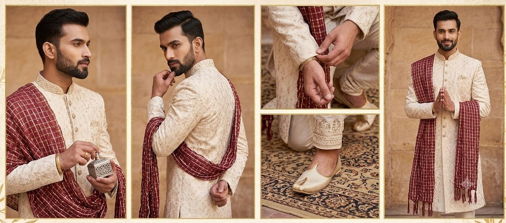 Groom Sherwani Dupatta Maroon Silk Wedding Stole
