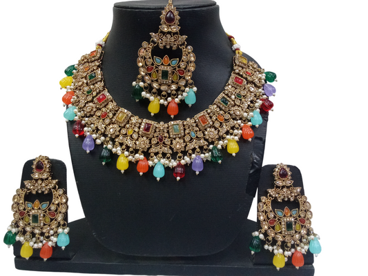 Pakistani Gold Plated Women Wedding Jewellery Necklace Set Stylish Girls Pendant