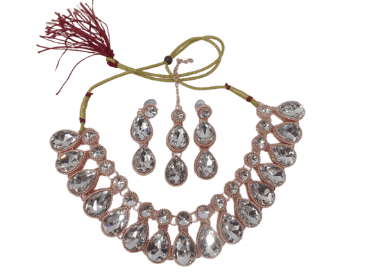 Necklace Set Rose Gold Plated Stones Choker Women Necklace Earring Mang Tika