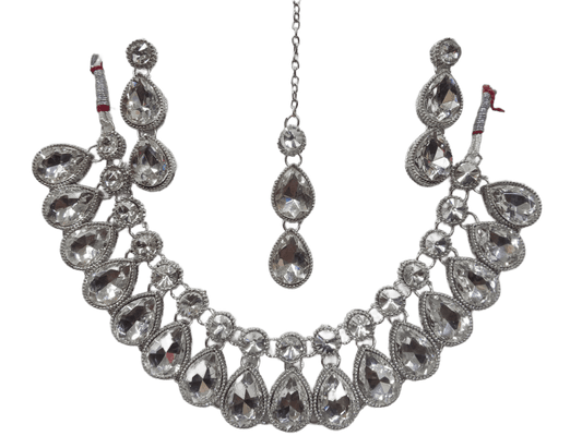 Necklace Set Silver Plated Stones Choker Women Necklace Earring Mang Tika