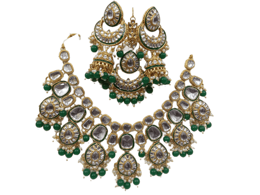 Necklace Set Gold Plated Kundan Polki Choker Women Necklace Earring Mang Tika