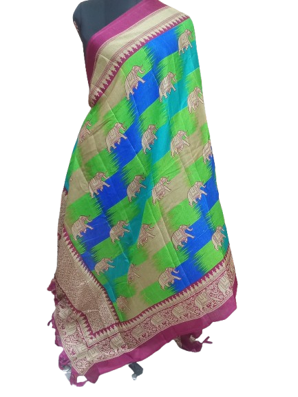 Women Long Dupatta Stole Silk Handmade Kalamkari Dupatta