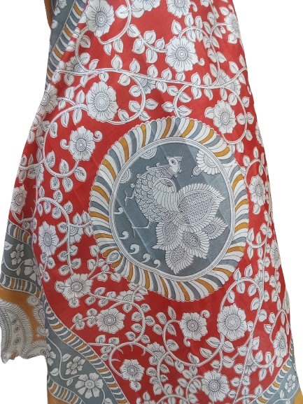 Women Long Dupatta Stole Silk Handmade Kalamkari Dupatta