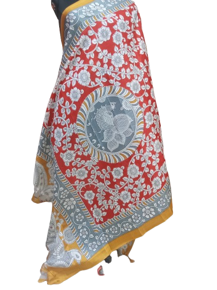 Women Long Dupatta Stole Silk Handmade Kalamkari Dupatta
