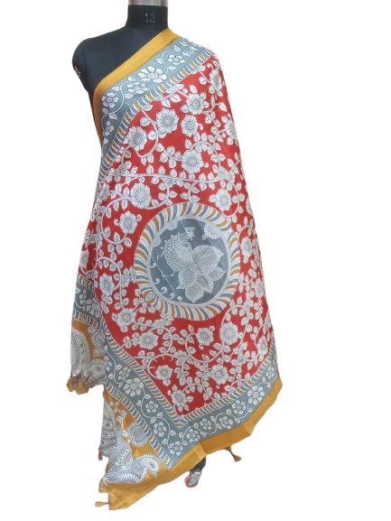 Women Long Dupatta Stole Silk Handmade Kalamkari Dupatta