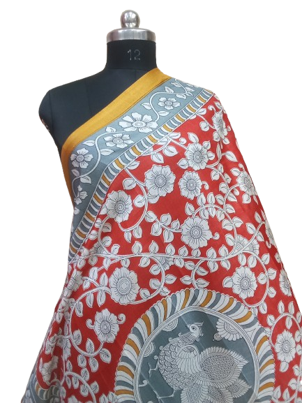 Women Long Dupatta Stole Silk Handmade Kalamkari Dupatta