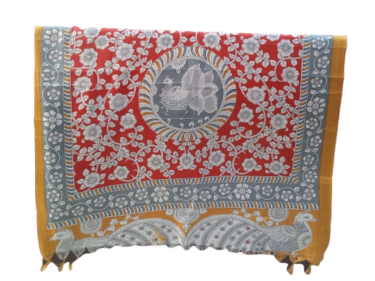 Women Long Dupatta Stole Silk Handmade Kalamkari Dupatta