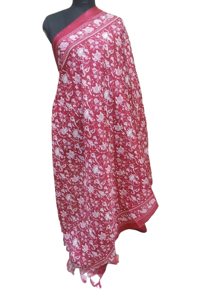 Women Long Dupatta Stole Silk Handmade Kalamkari Dupatta