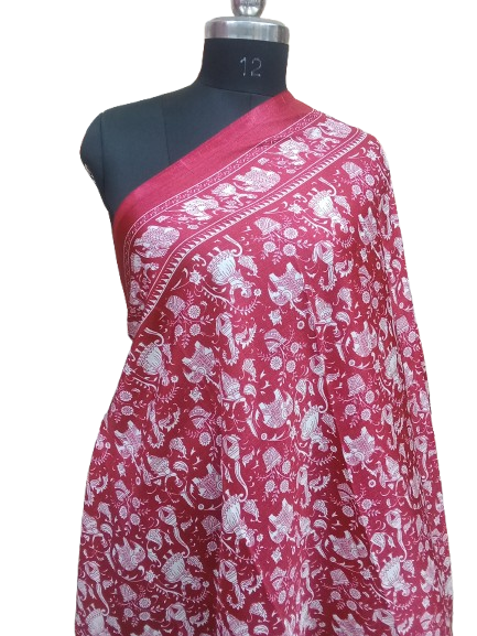 Women Long Dupatta Stole Silk Handmade Kalamkari Dupatta