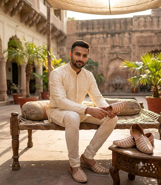 Handmade Camel Jutti Cream Genuine Leather Khussa