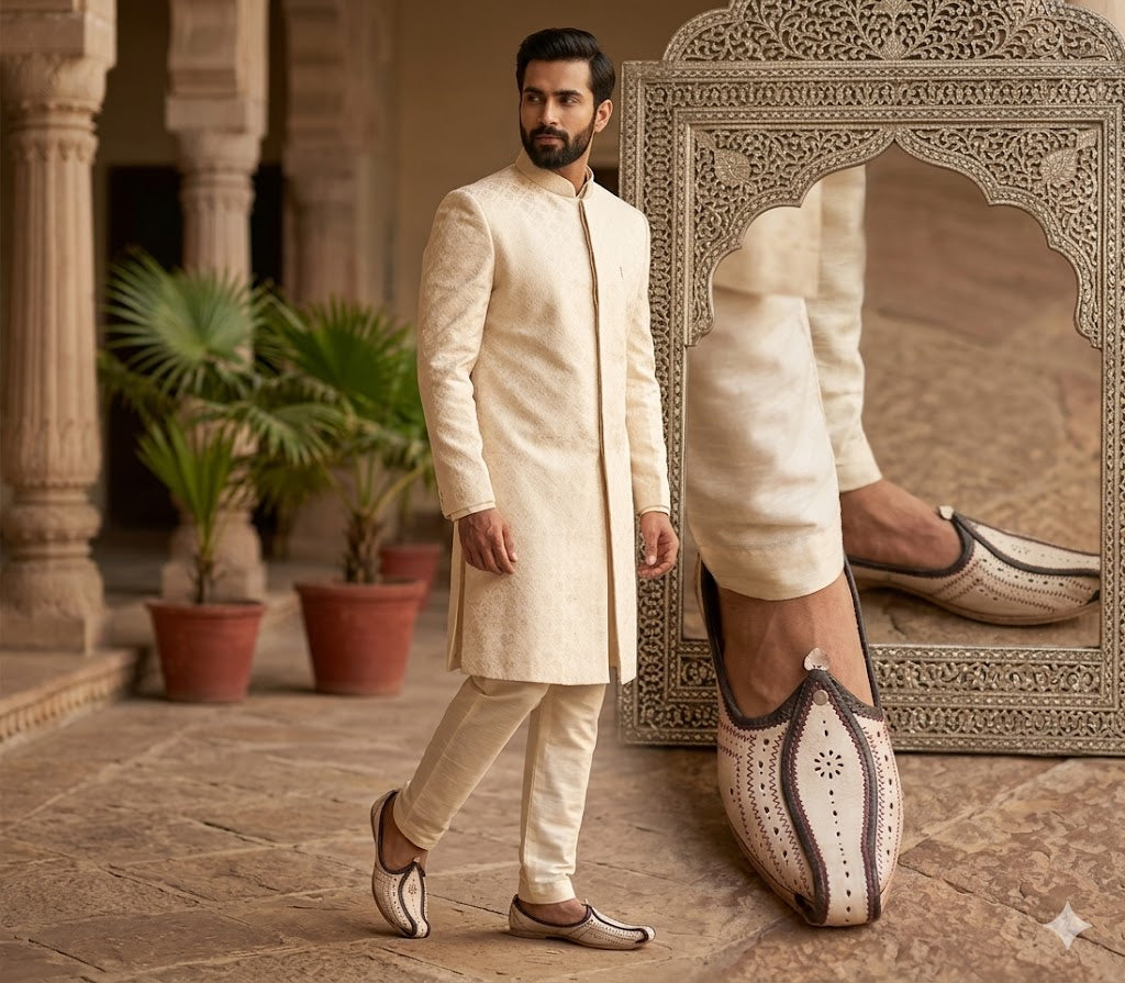Men Sherwani Mojari Shoes for Groom Cream Jutti