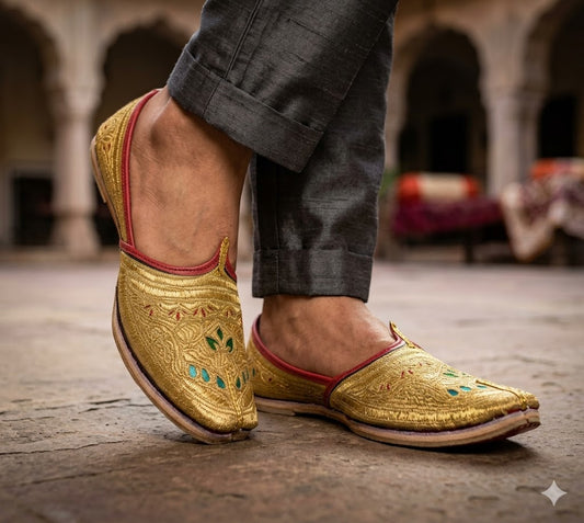Handmade Ethnic Jutti for Men Brown Golden Leather Mojari