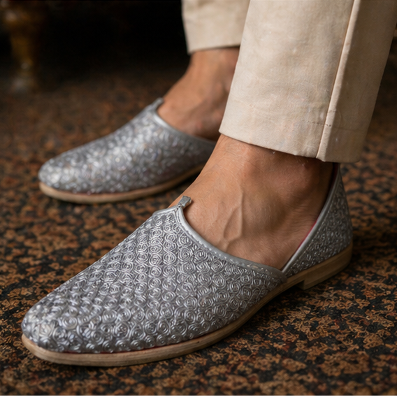 Handmade Leather Jutti Shoes for Men Silver Mojari