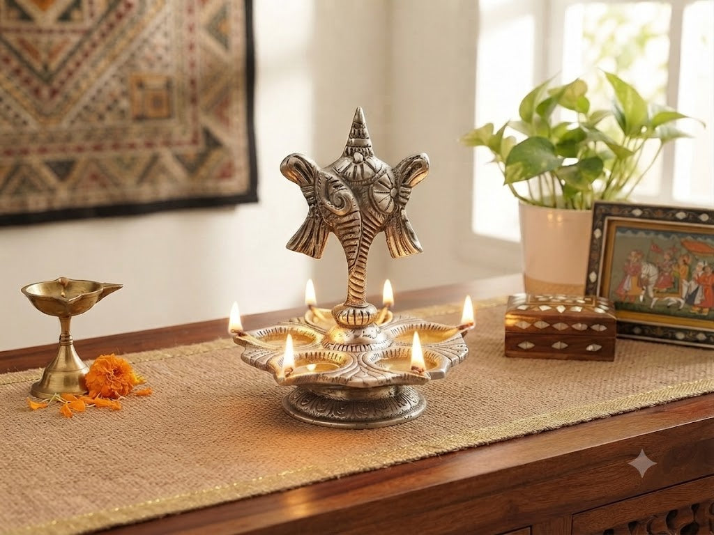 Panch Mukhi Diya with Chakar Stand Silver Plated Metal Designer Shankh Chakra