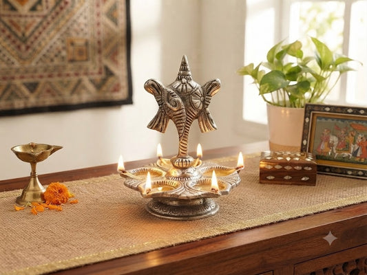 Panch Mukhi Diya with Chakar Stand Silver Plated Metal Designer Shankh Chakra
