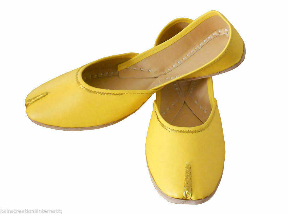 Women Slippers Indian Handmade Traditional Clogs Yellow Flats Open Jutties Flip-Flops Flat US 10