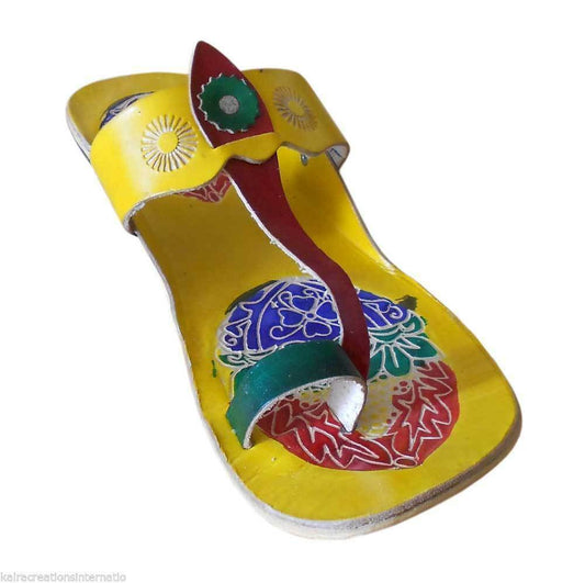 Women Slippers Indian Handmade Clogs Traditional Wedding Yellow Leather Mojaries Flip-Flops Flat US 6