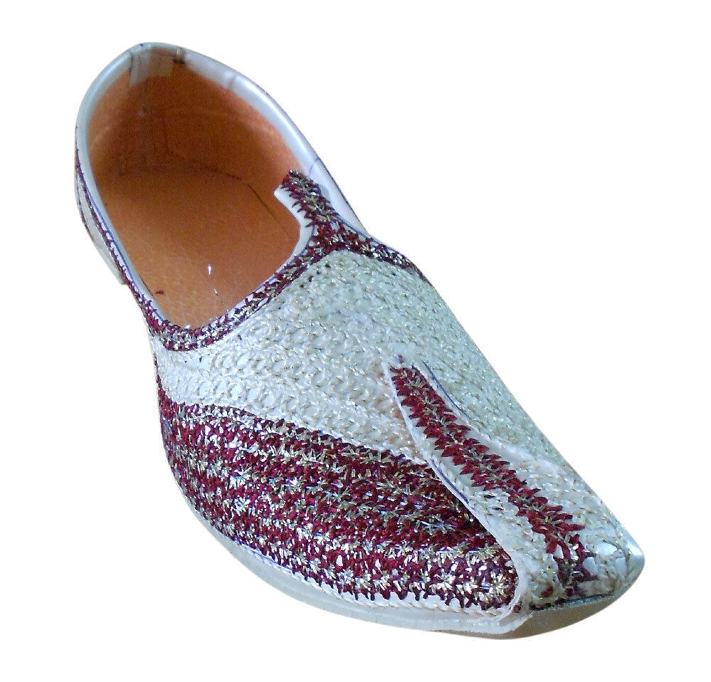 Men Shoes Indian Wedding Cream-Maroon Handmade Jutties Groom Mojaries Khussa Flip-Flops Flat US 6-8