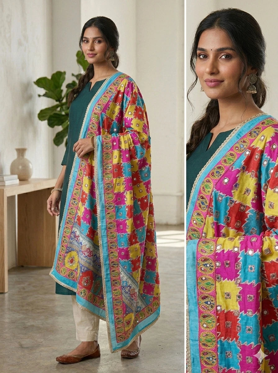 Wedding Dupatta for Women Phulkari Multicolor Bridal Silk