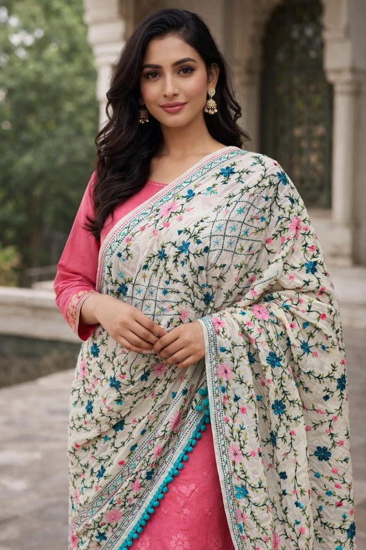 Wedding Dupatta for Women Phulkari Multicolor Bridal Cotton