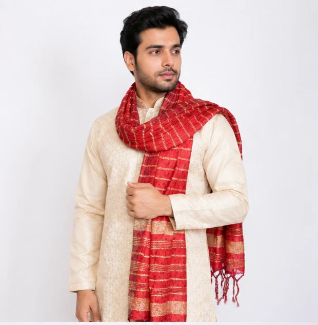 Groom Sherwani Dupatta Red Silk Wedding Stole